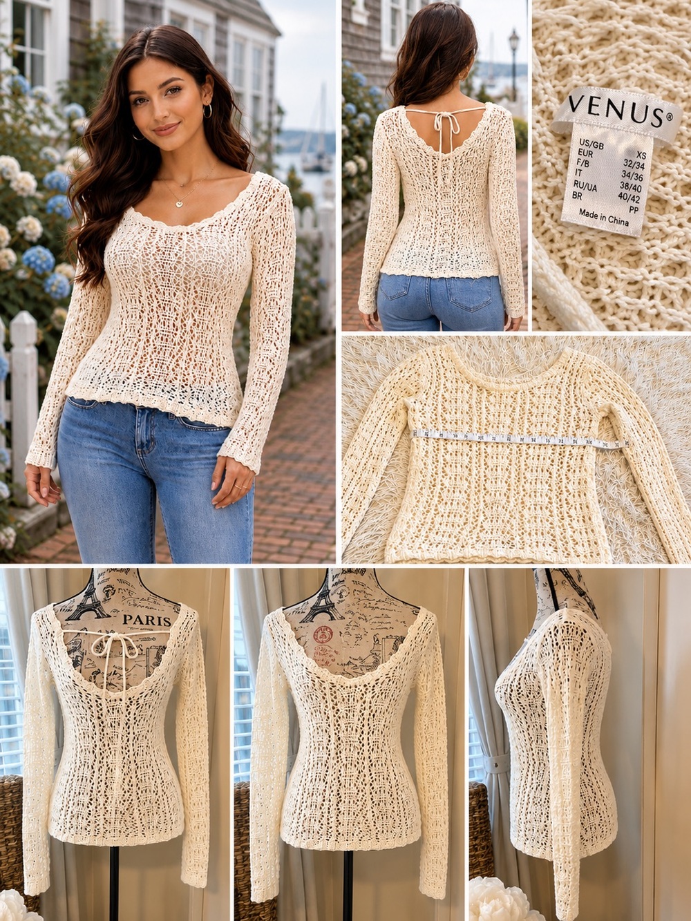 VENUS Ivory Crochet Open Knit Boho Sweater Top XS - Picture 2 of 8